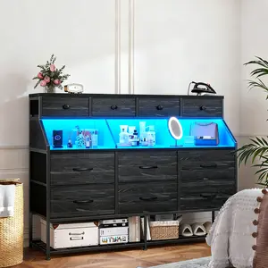 RaybeeFurniture Dresser for Bedroom with 10 Drawers, Dresser with Shoe Rack, Wide Dressers & Chests of Drawers with Power Outlets and LED Lights, Bedroom Dresser for Entryway, Halfway, Closet