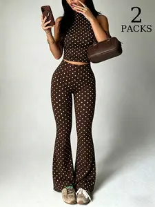 2 Pack Women Polka Dot 2 Piece Outfits, Sleeveless High Neck Crop Top and Flare Leggings Set, Seamless Bodycon Bell Bottom Pants, Trendy Summer Streetwear Outfits, Slim Fit Casual Loungewear for Daily Wear & Going Out Womenswear