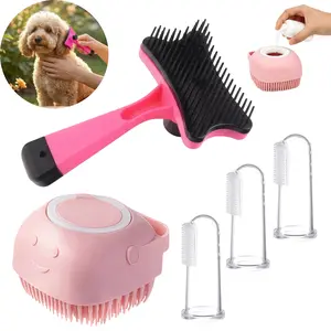 5pcs Pet Grooming & Cleaning Set for Dogs & Cats, Grooming Tools, Shedding Grooming Kit, Deshedding Comb, Shampoo Massage Brush, Silicone Finger Toothbrush, Solve Shedding, Odor & Dental Care, Grooming Supplies