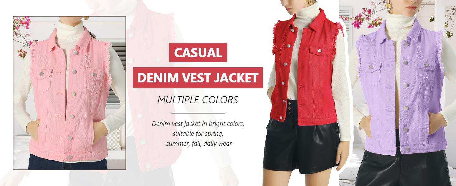 Ebossy Women's Candy Color Slim Fit Sleeveless Distressed Denim Jean Vest Jacket with Button-Flap Chest Pockets & Side Seam Pockets Ebossy Women's Candy Color Slim Fit Sleeveless Distressed Denim Jean Vest Jacket with Button-Flap Chest Pockets & Side Seam Pockets