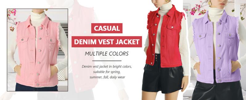 【New Arrival】Ebossy Women's Candy Color Slim Fit Sleeveless Distressed Denim Jean Vest Jacket with Button-Flap Chest Pockets & Side Seam Pockets