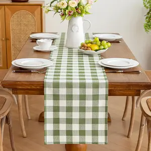 Alsoo Spring Green Gingham Table Runner 13 x 72 inches Long, Cotton Linen Farmhouse Checkered Kitchen Dining Table Decor for Home Party, Wrinkle Free