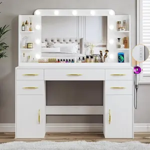 Makeup Vanity Desk with Lights, Large Vanity Desk with Mirror and Lights in 3 Models, Vanity with Power Outlet, Vanity Desk with 5 Drawers, 2 Cabinets, Shelves, White Vanity for Bedroom