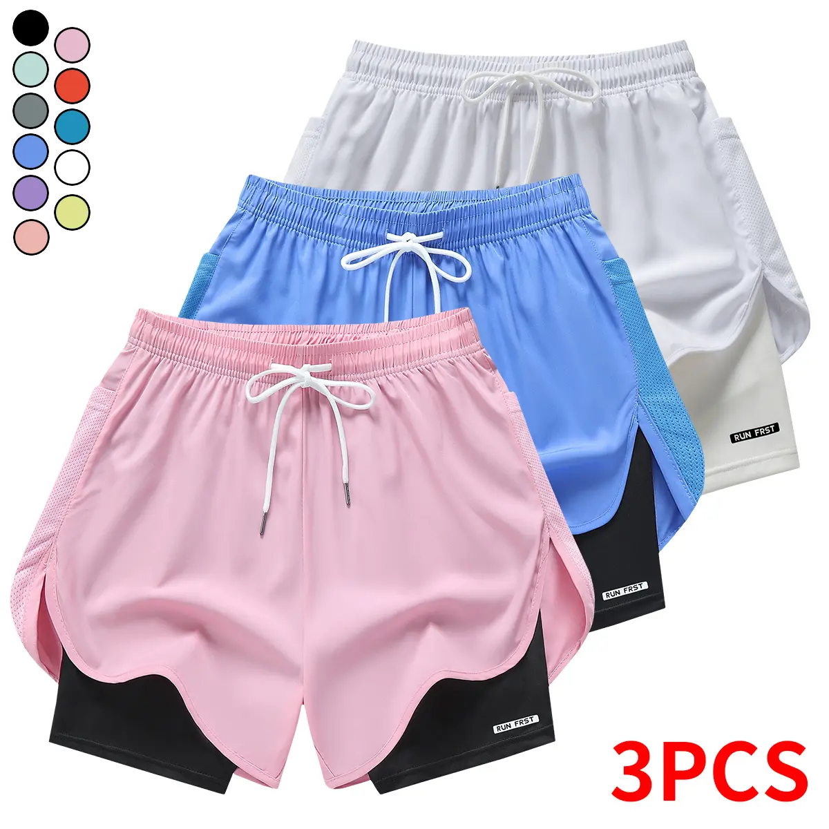 Women's 3-Pack 2-in-1 High-Waisted Polyester Blend Sports Shorts - Breathable Stretchy, Lightweight, Quick Dry, Snug Fit Liner, Pocket for Running, Yoga Workouts