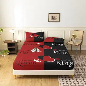 3pcs Black And Red Crown King Queen Letter Couple Fitted Sheet Set Bed Sheet Set - Vivid Hd Printing, Super Soft And Comfortable, Perfect For Home And Dorm Decor, (1* Fitted Sheet + 2* Pillowcases, Core Not Included)