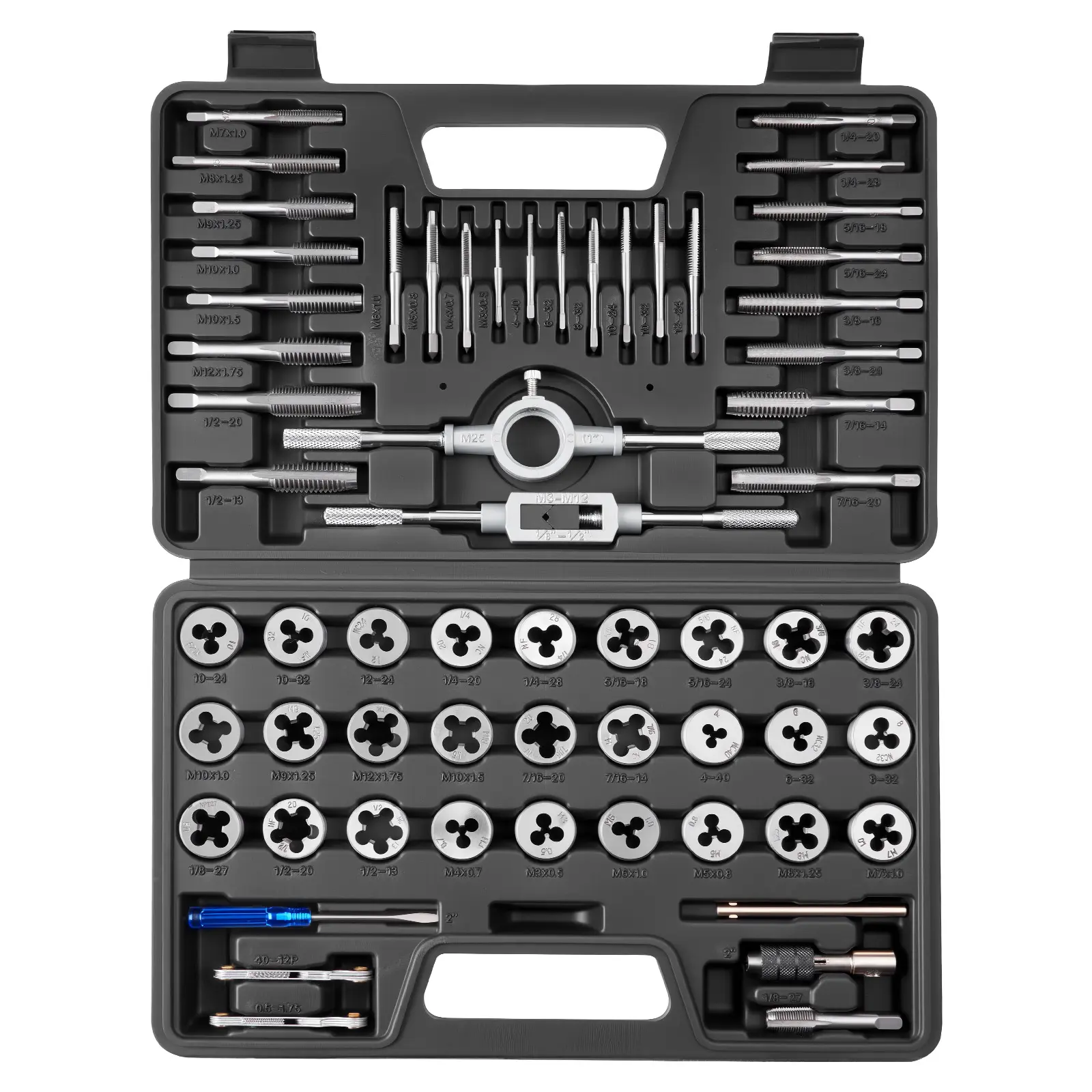 VEVOR 60-Piece Tap and Die Hand Tools Full Kit, with Metric (M3-M12) & SAE (#4-1/2") Coarse/Fine Threads, Wrench, Thread Pitch Gauge, Carrying Case, Multiple Metals Compatibility & Accessories for Threading, Rethreading | Father's Day Gift