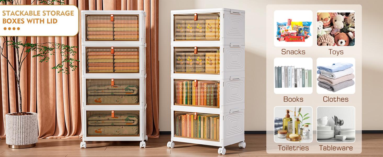 7CODE 4 Tier Plastic Storage Bins with Lids , Stackable Storage Containers with Wheels, Folding Storage Boxes, Collapsible Storage Bins, Closet Organizers and Storage for Living Room,Kitchen,Office