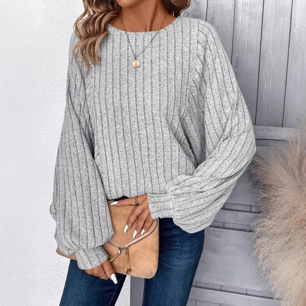 Women Crew Neck Vertical Ribbed Knit Top, Oversized Lantern Long Sleeve Loose Batwing Pullover Sweater, Soft Casual Relaxed Fall Winter Daily Commute Blouse, Vacation Street Outfit Gift for Her Crewneck Shirts Fall Casual Loose Fit Knit Tops Blouses-DTY