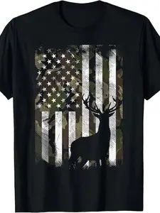Camo Flag Deer Silhouette T-Shirt Black Patriotic American Flag Graphic Tee for Hunting and Outdoor Activities Casual Cotton