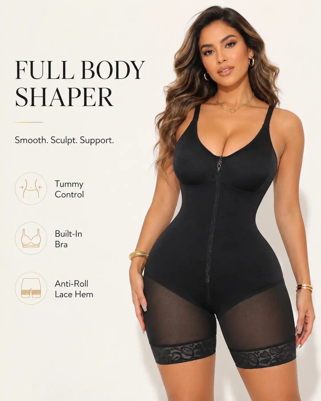 Girlsnufit Women's Shapewear Bodysuit - Built-In Bra, Front Zip, Tummy Control, Adjustable Straps, Butt Lifting, Sizes XS-XXL