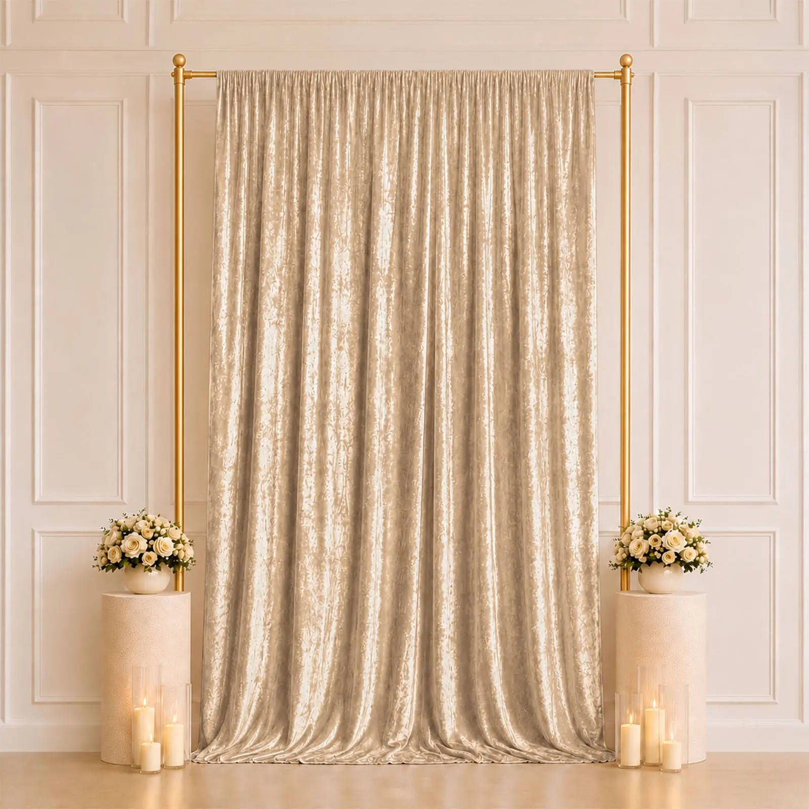 Beige Premium Crushed Velvet Backdrop Curtain 5ft x 12ft – Event Drape Panel & Photo Booth Background with Rod Pocket, 70% Blackout