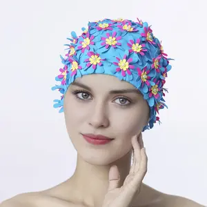 Tile Material Hand-Sewn Swimming Cap, 3D Flowers, Anti-Pearl Design, for Water Sports and Swimming