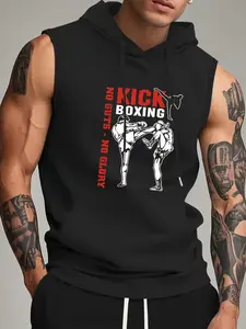 Men's Hooded Gym Vest, Sleeveless Muay Thai Training Top, Fighting Print, Breathable, Fitted, Casual Sportswear, Athletic Training Apparel