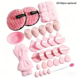Beauty Sponge Cosmetic Makeup Tool Set 32/22 Pieces (includes Powder Puffs, Cleaning Mats, Multi-Shaped Sponges) High Efficiency Makeup Application Makeup Tools Set