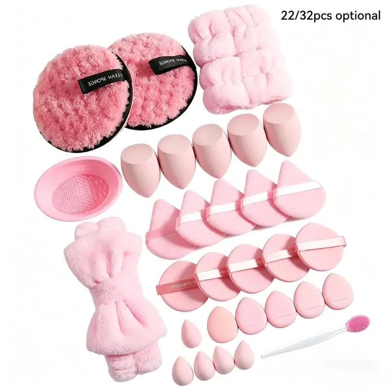 Beauty Sponge Cosmetic Makeup Tool Set 32/22 Pieces (includes Powder Puffs, Cleaning Mats, Multi-Shaped Sponges) High Efficiency Makeup Application Makeup Tools Set
