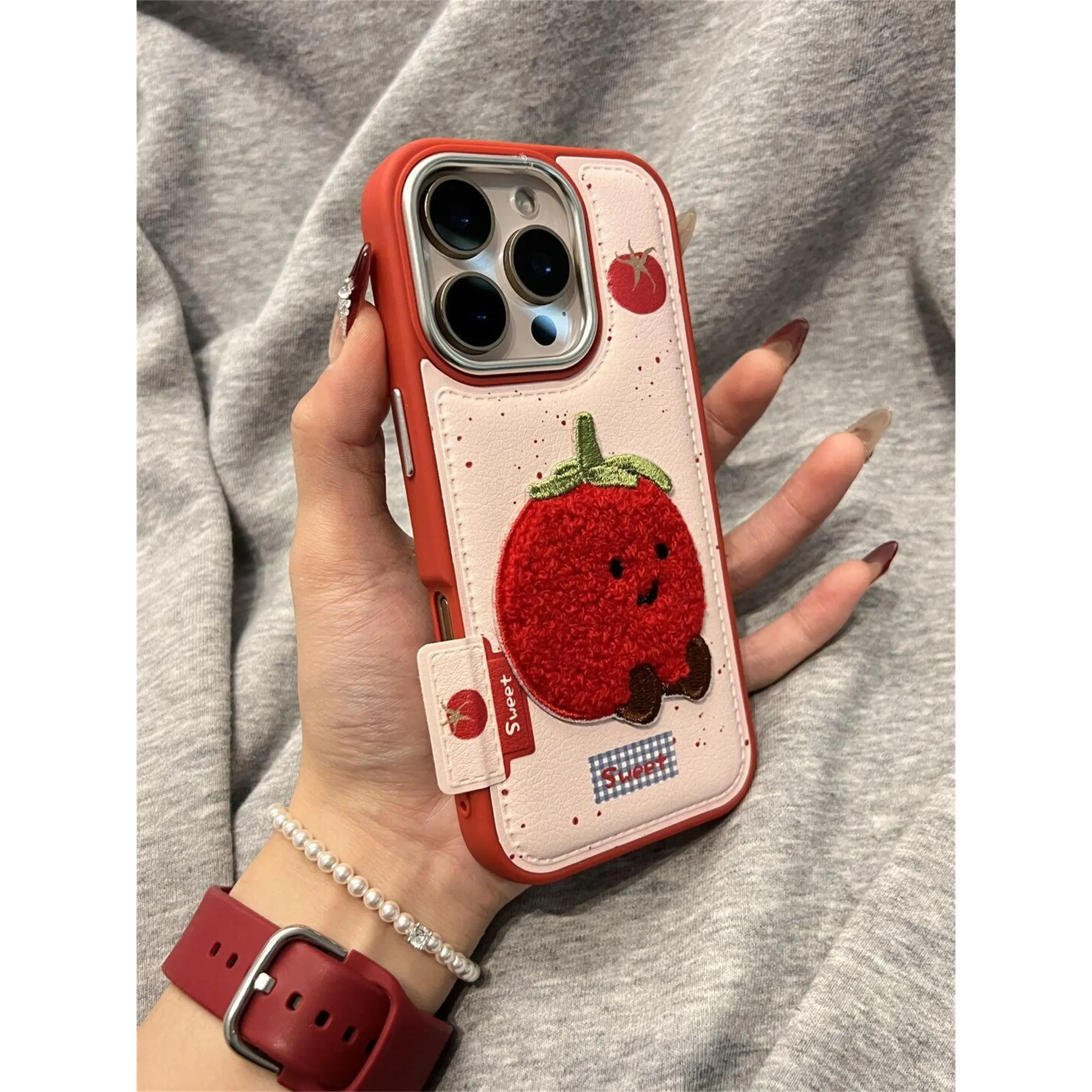 Embroidered Cute Tomato Leather iPhone Case - Camera Protection Accessory for iPhone 17,16,15,14,13 Pro/Pro Max, No Bulky Design, Ideal for Friends’ Smartphones