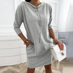 ChicMe Women's Stand Collar Drawstring Three Quarters Sleeve Casual Sweatshirt Dress,summervibes