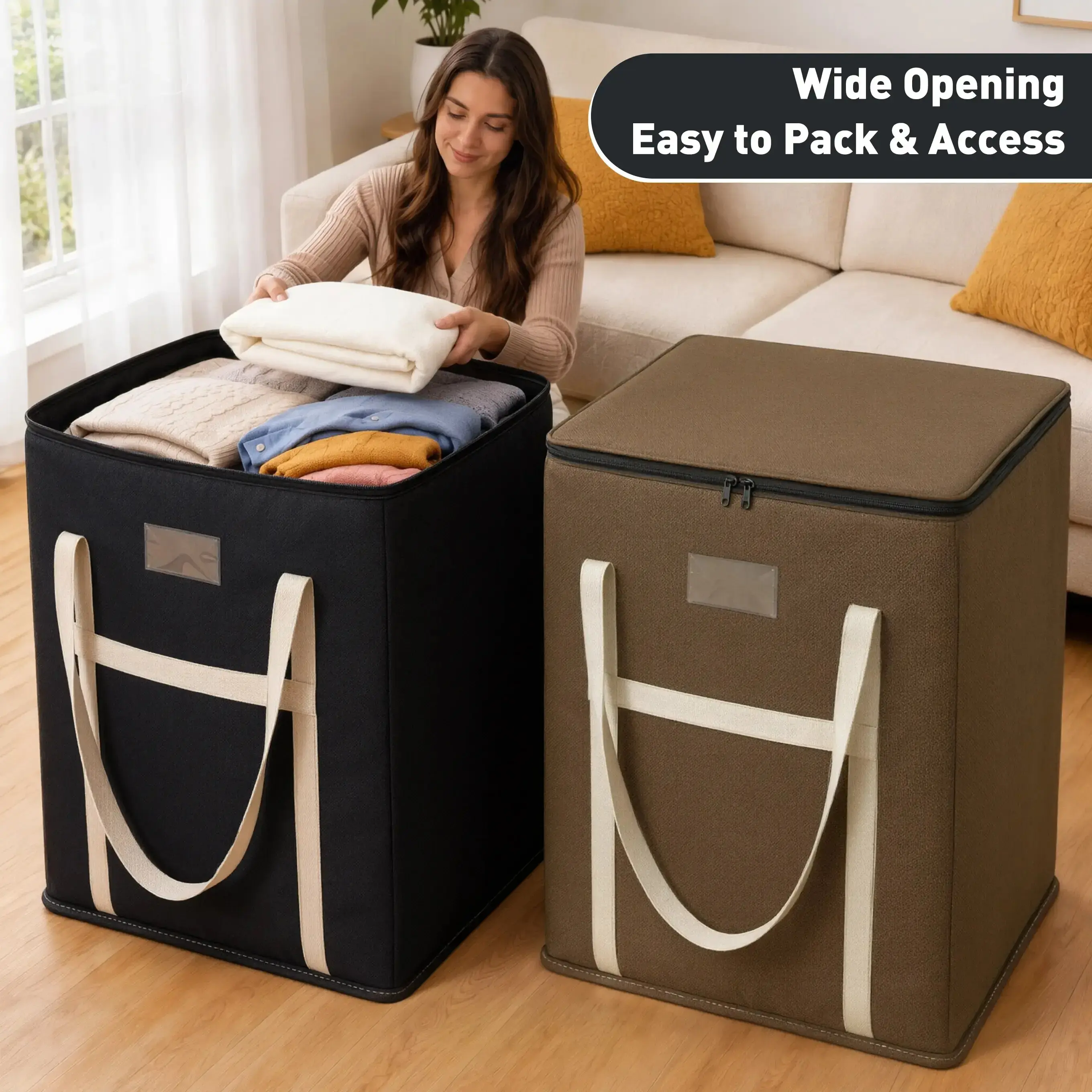 Extra Large Non-Woven Storage Bag with Zipper, Reinforced Handles, Foldable Closet Organizer for Clothes, Bedding, Home Organization