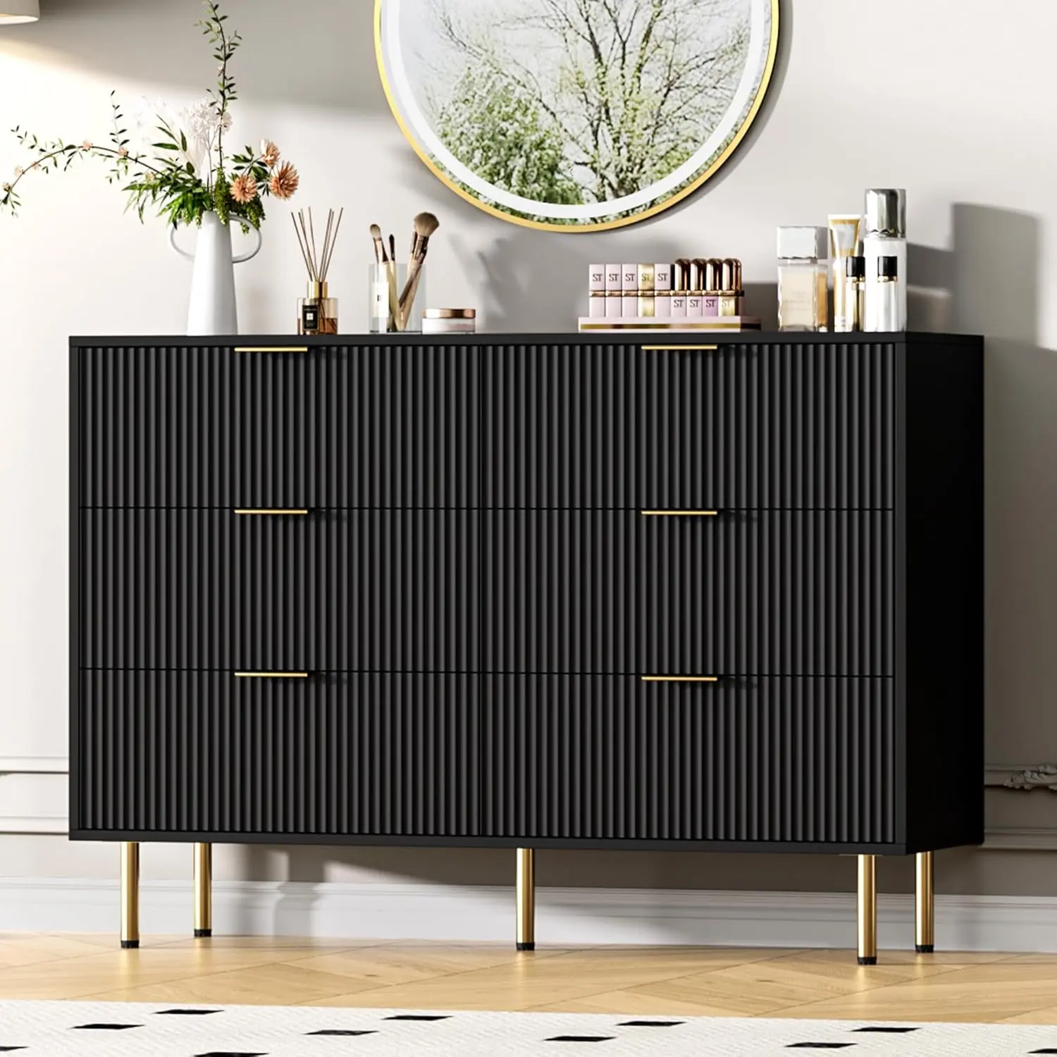 Gaomon 6-Drawer Modern Fluted Nature Wood Dresser with Chic Gold Handles - Floor Standing Clothing Storage Cabinet, Durable Indoor Furniture with Ample Space for Bedroom (Assembly Required)