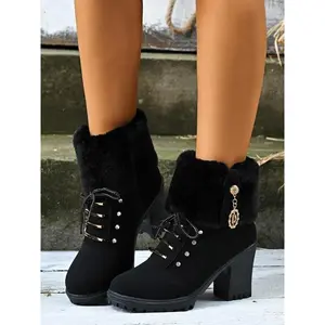Women's Rhinestone Ankle Boots, Casual Warm Short Boots, Matte Finish, Mid Heel Footwear, Spring & Fall Fashion Shoes
