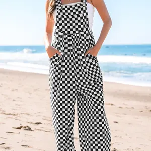 Women's checkerboard printed pocket wide leg jumpsuit, casual workwear jumpsuit, suitable for daily wear, all season women's clothing