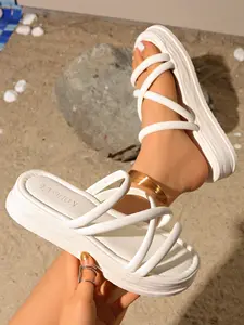 New Women's Fashion Casual Thick Sole Sandals, Summer Outdoor Korean Style Cross Strap Platform Slippers, Lazy Beach Shoes