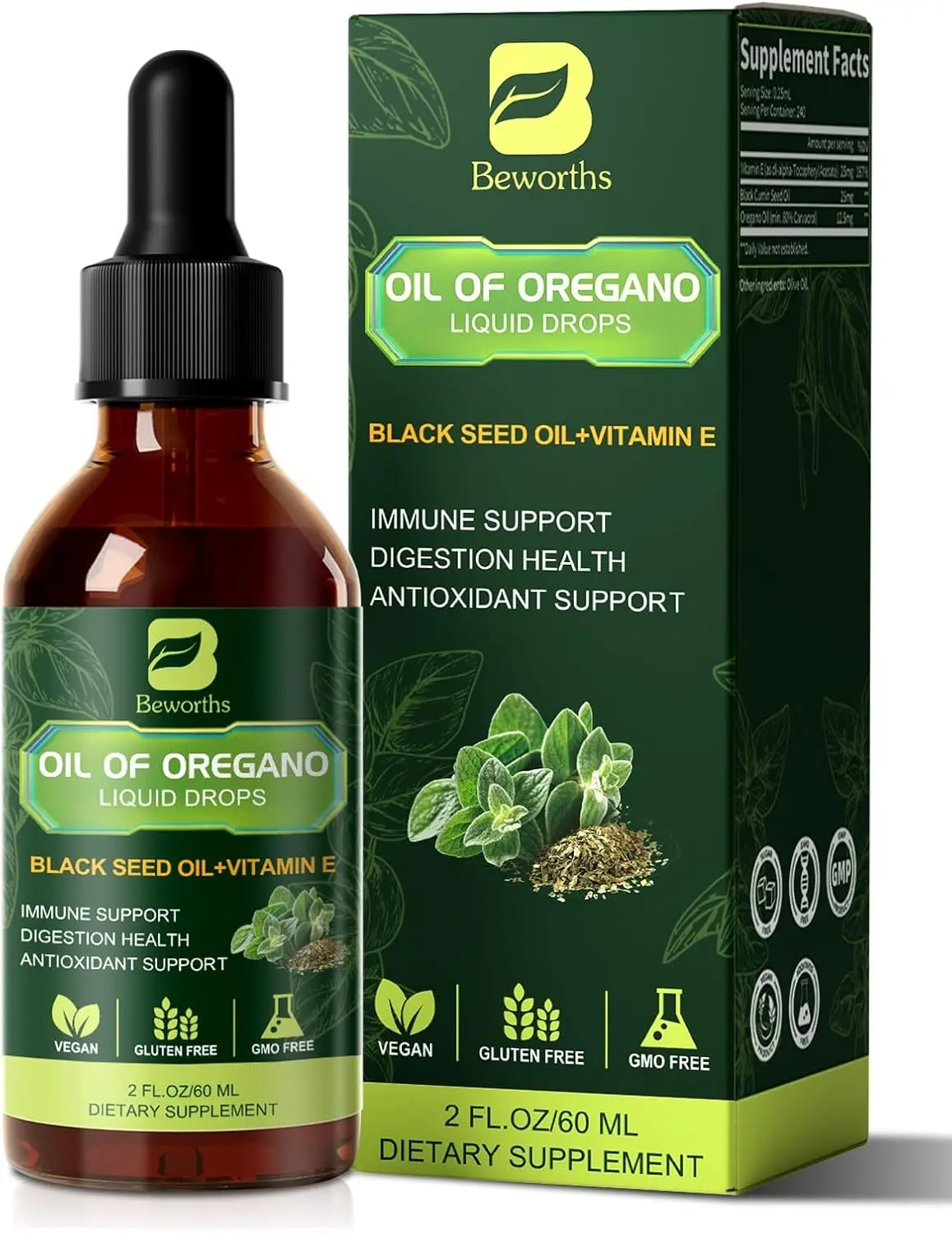 Organic Oregano Oil Drops | Oil of Oregano with Black Seed Oil, Vitamin E, 80% Carvacrol Oregano Drops for Immune, Antioxidant, Gut Detox Cleanser Support - Non-GMO, Vegan | High Potency Aceite de Oregano Formula for Immune and Antioxidant Support