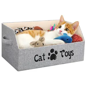 Large Cat Toy Box Cat Toy Storage Basket 2X Thicker Foldable Sturdy Pet Toy Storage Bin Bed for Organizing Pet Toys Treats Clothes and Accessories(Grey)