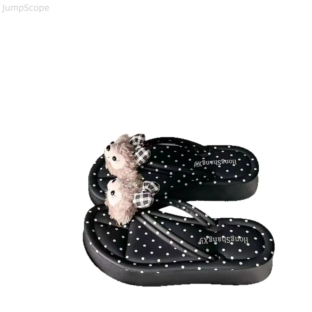 Women's Platform Sandals, Polka Dot Wedge Flip Flops with Cute Plush Bear & Bow, Casual Slip-On Thong Footwear for the Beach, Outdoor, Open Toe