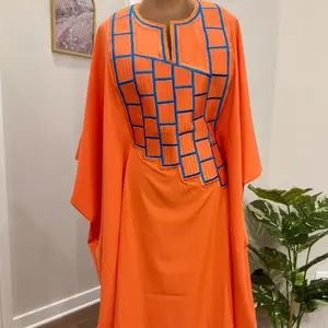 Boubous Africains Orange with Geometric Embroidery for Women Style Fashion