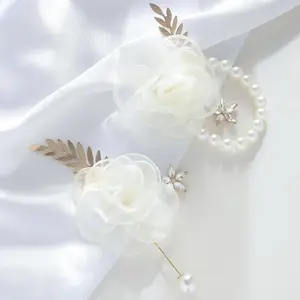 Fashionable Elegant High-end Wedding Bridal Party Wrist Corsage & Boutonniere Set With Faux Pearl & Rhinestone Decoration, Suitable For Weddings, Anniversaries, Photography Studios