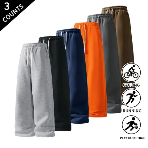Men’s 3-Pack Basic Athletic Polyester Pants - Elastic Drawstring Waist, Straight-Leg, Comfy, Stretchable, Breathable, Loose-Fit Menswear Loungewear Trousers, Mens Clothing