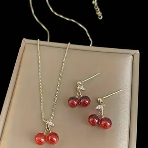 Wine Red Cherry Pendant Necklace for Women - Adjustable Gold Color Pendant Necklace with Red Cherry Accents for Special Occasions christmas gift girlfriend accessory jewelry set