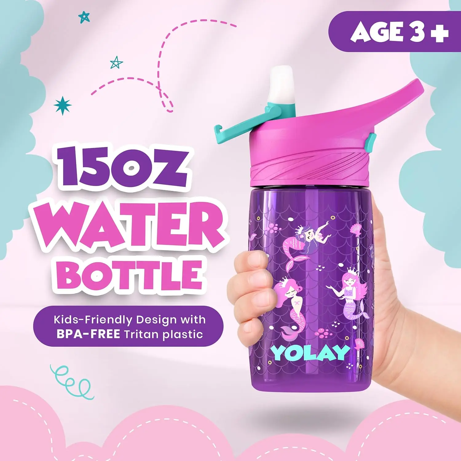 YOLAY 15oz Kids' Mermaid Water Bottle, Sturdy PP Plastic Tumbler with Airtight Straw Lid & Wide Mouth, BPA-Free and Portable for School
