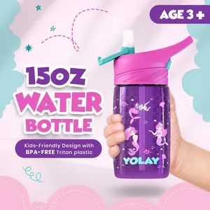 YOLAY 15oz Sturdy Kids Tumbler Cup, Portable Leak-Proof Spill-Proof BPA-Free Dishwasher-Safe Drink Bottle with Straw Lid, Mermaid Design for Boys & Girls