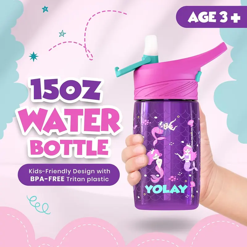 YOLAY Boys & Girls' 15oz Reusable Water Bottle - BPA-Free PP Plastic, Leak-Proof, Airtight Wide Mouth, Washable Straw-Lid, Dishwasher-Safe, Portable for School & Play