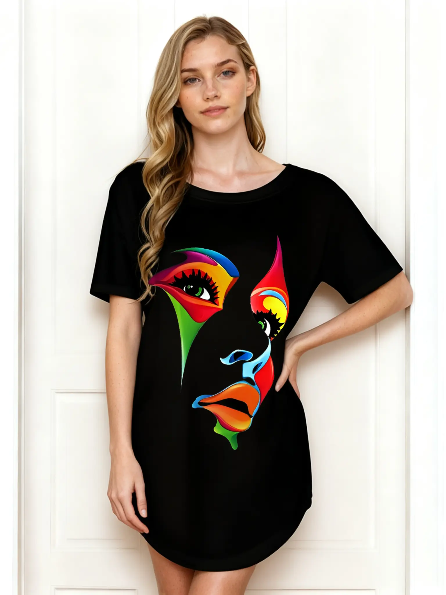Women's Casual Summer Dress, Colorful Abstract Face Art Print, Loose Comfortable Commuter Wear, Wear-Resistant Wrinkle-Resistant Fabric
