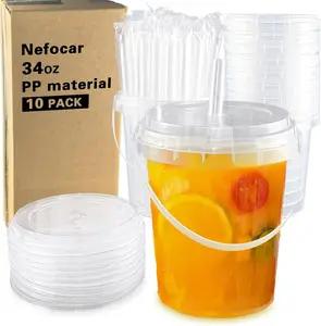 10 Pack 34oz Plastic Cups with Lids and Straws, Disposable Iced Coffee Cups with Lids,Sturdy & Food Safe Drink Buckets for Cold/Hot Drinks,Smoothies, Fruit Drinks Cups Summer Beverages,Bar/Beach Party 32  ounce  cup