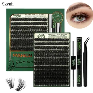Skynii Lash Clusters Kit 240pcs Thick Volume Lash clusters 200D D Curl Wispy Easy to Apply with Lash Bond and Seal Lash Applicator Lash Remover Lash Extension Kit at Home