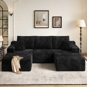 [2 Package Shipping] Copiae 108" Sectional Boneless Couch with Ottoman, Upholstered Corduroy Modular Sofa, Cloud Couch with L-Shape , Modern No Assembly Compressed Sofa for Living Room/Apartment