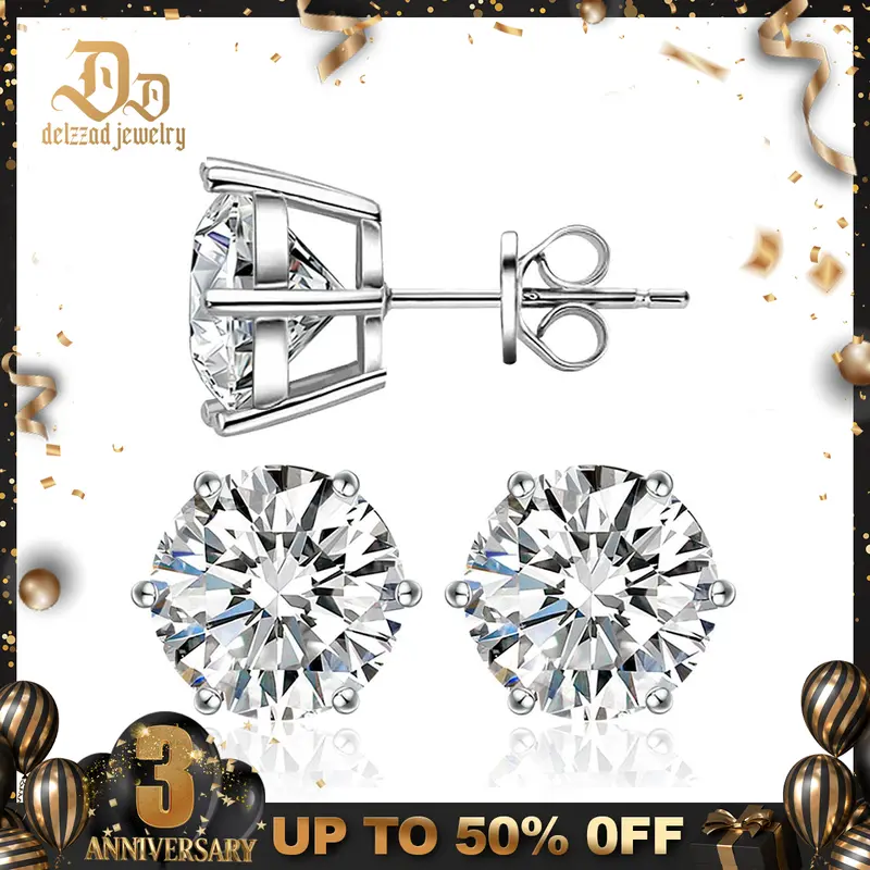 Delzzad S925 Six Prong Solitaire Stud Earrings Lab-Created Moissanite Earrings Moissanite Jewelry Perfect Birthday Mother’s Day Unisex Christmas Gift for Men Women Wedding Set
