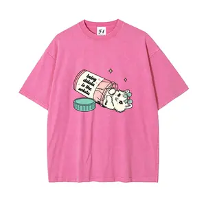 Womenswear 260g Heavyweight 100% Cotton Oversized T-Shirt - Snow Wash, DTG Print, Breathable, Funny Pill Bottle Kitten Graphic, "Being Delulu Is The Solulu" Streetwear for Women