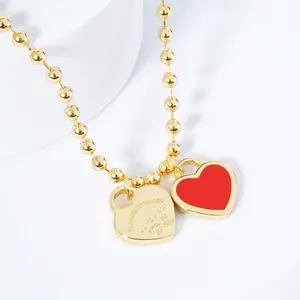 Tiny Fancy Red Enamel Double Heart Ball Chain Necklace, Bold Polished Beaded Choker for Women, Statement Stackable Jewelry for Everyday & Night Out