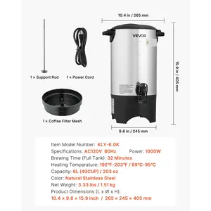 VEVOR Commercial Coffee Urn, 40 Cup 6 L Hot Beverage Dispenser with Dripless Faucet, Quick-Brewing Commercial Coffee Maker, with Stainless Steel Liner, for Catering, Business, Church Restaurant
