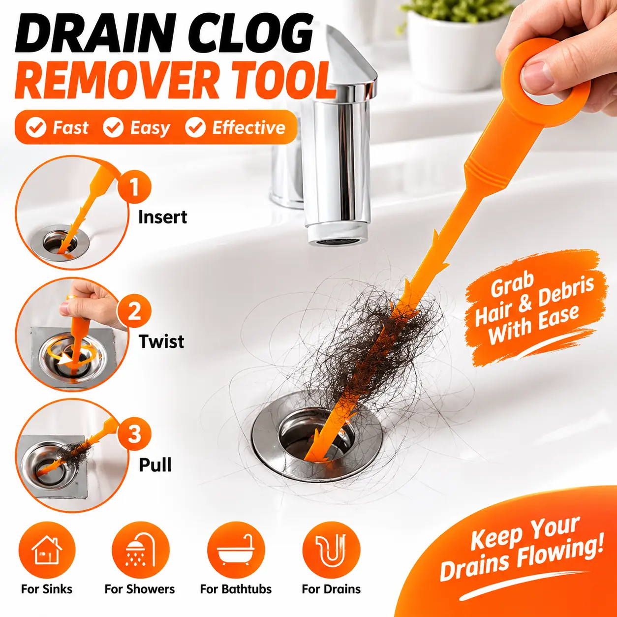 【FaddishDeal】5 Hair Drainage Tools - Drain Clog Remover Tool, Flexible Hair Drain Cleaner with Barbed Design, Sink Drain Cleaning Tool for Bathroom, Shower, Bathtub & Kitchen Sink