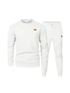 fall outfits Men's casual sportswear thickened sweatshirt set, textured round-neck sweatshirt + tapered sweatpants, leather label design, simple, versatile and trendy two-piece set