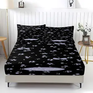 Black background purple small floral butterfly print pattern bed sheet, comfortable print pattern, including 1 bed sheet and 2 pillowcases, comfortable bedding, anti slip dust cover suitable for bedrooms and guest rooms, suitable for children and adults a