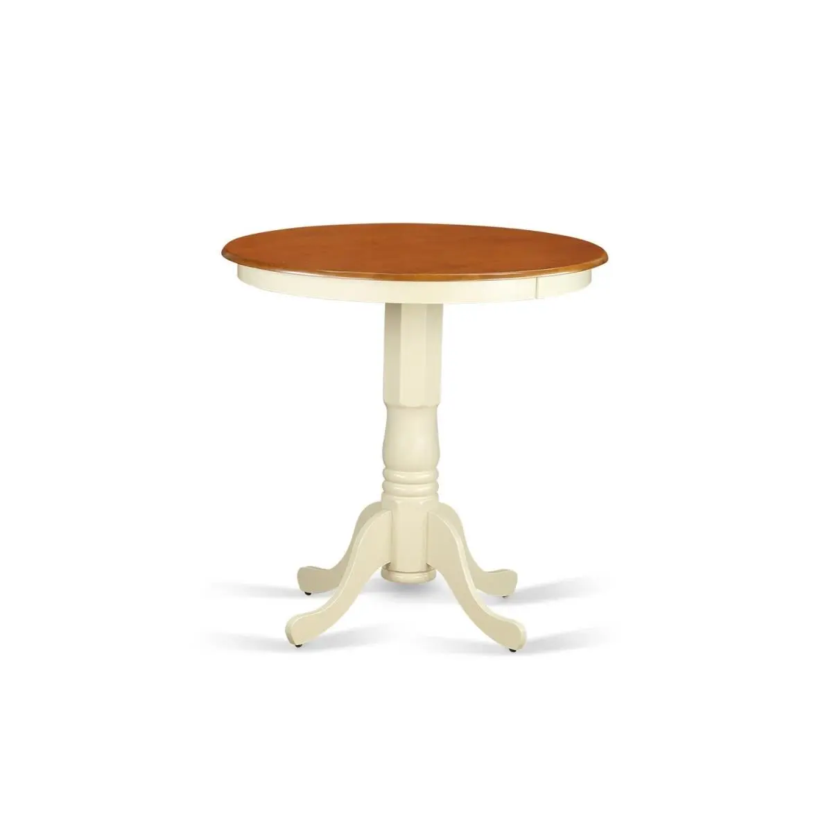 East West Furniture Eden Classic Round Counter-Height Kitchen Table, 30" Diameter Pedestal Stand, Beveled Edges, Linen White Finish with Cherry & Buttermilk Accents, Elegantly Carved Legs, Sturdy Construction Table
