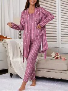 Women's Heart Striped Print Tank Top Long Pants + Belted Robe 3 Piece Sleepwear Set, Casual Home Wear, All Seasons, Loungewear