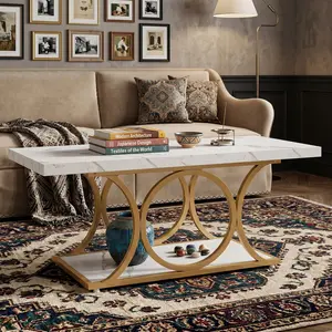 47.24-inch Modern Faux Marble Coffee Table, 2-Tier Storage with Shelf, Geometric Metal Legs, Space-Saving Design, Suitable for Living Room/Home Office, Multifunctional Storage & Decoration, Easy to Assemble